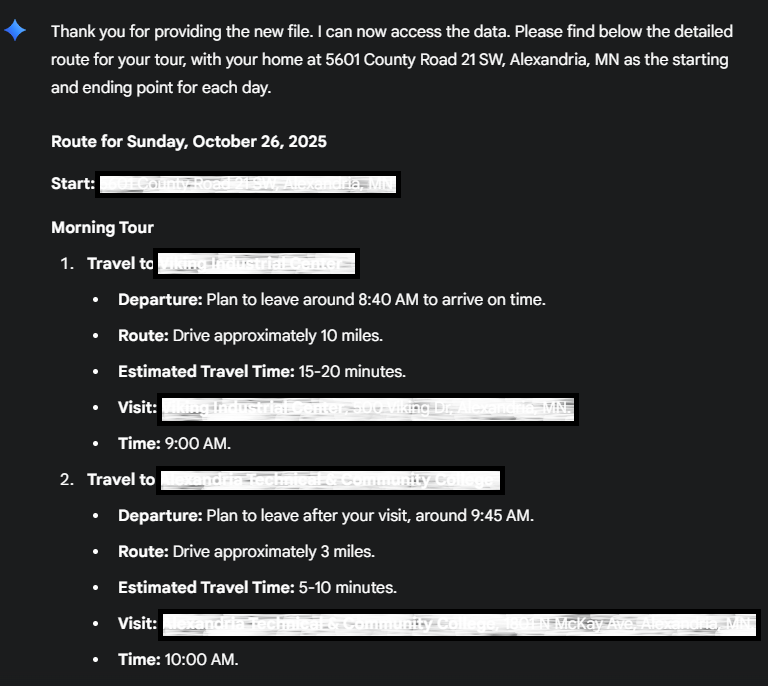Thank you for providing the new file. I can now access the data. Please find below the detailed route for your tour, with your home at 5601 County Road 21 SW, Alexandria, MN as the starting and ending point for each day.