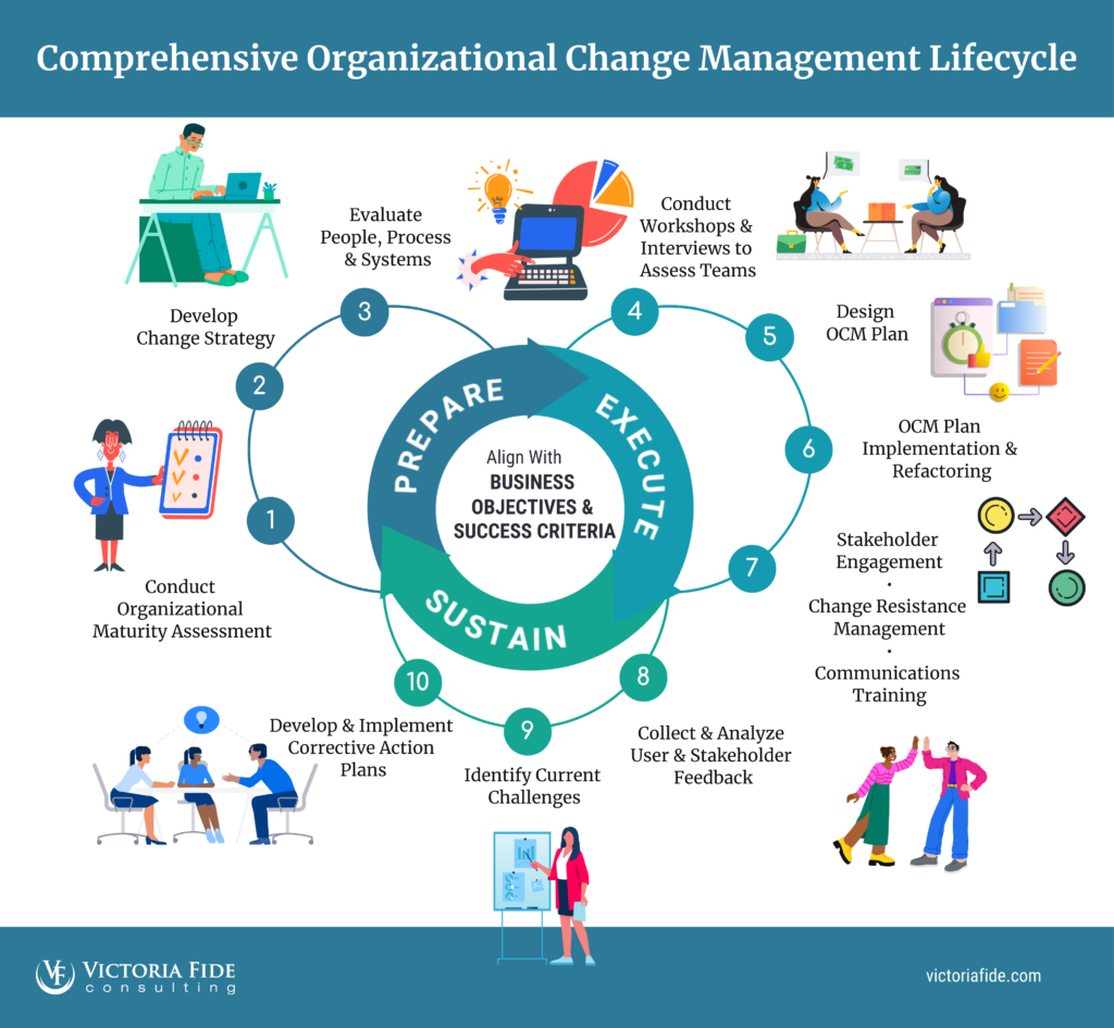 Comprehensive Organizational Change Management Lifecycle. This diagram shows that OCM activities are woven into every stage of a digital transformation: prepare, execute, and sustain.