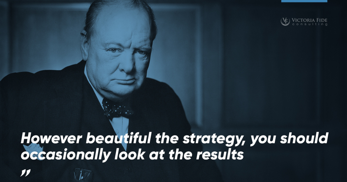 Winston Churchill overlaid with Victoria Fide blue and his quote, "However beautiful the strategy, you should occasionally look at the results."